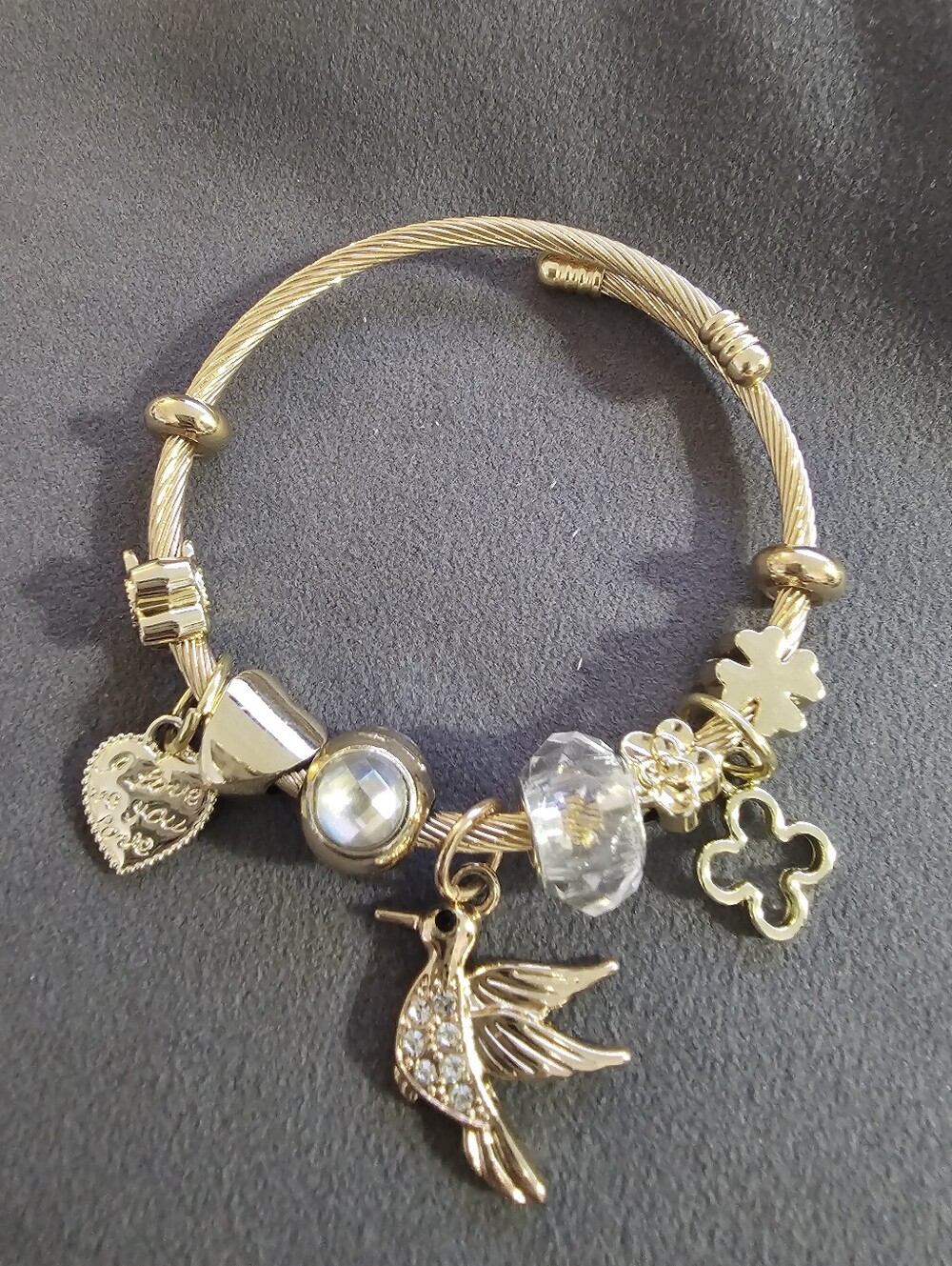 Stainless Steel Gold Hummingbird Charm Bangle Bracelet
